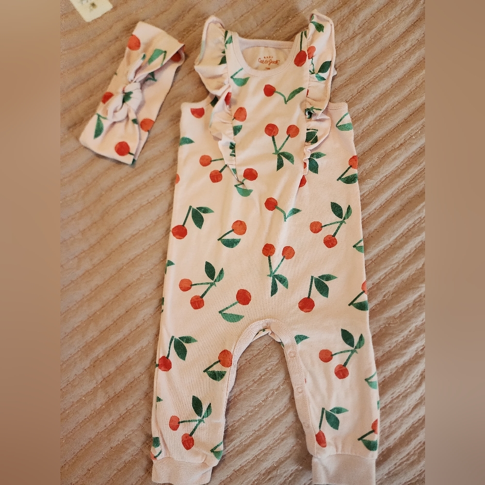 Cat & Jack Cherry Romper with Headband  12 months- girl